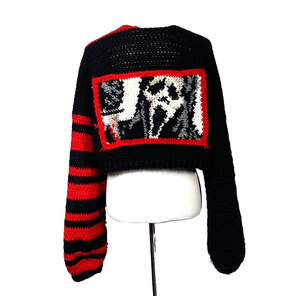 Scream Ghostface Hand Knit Cardigan Sweater XL Red Black Handmade Horror
